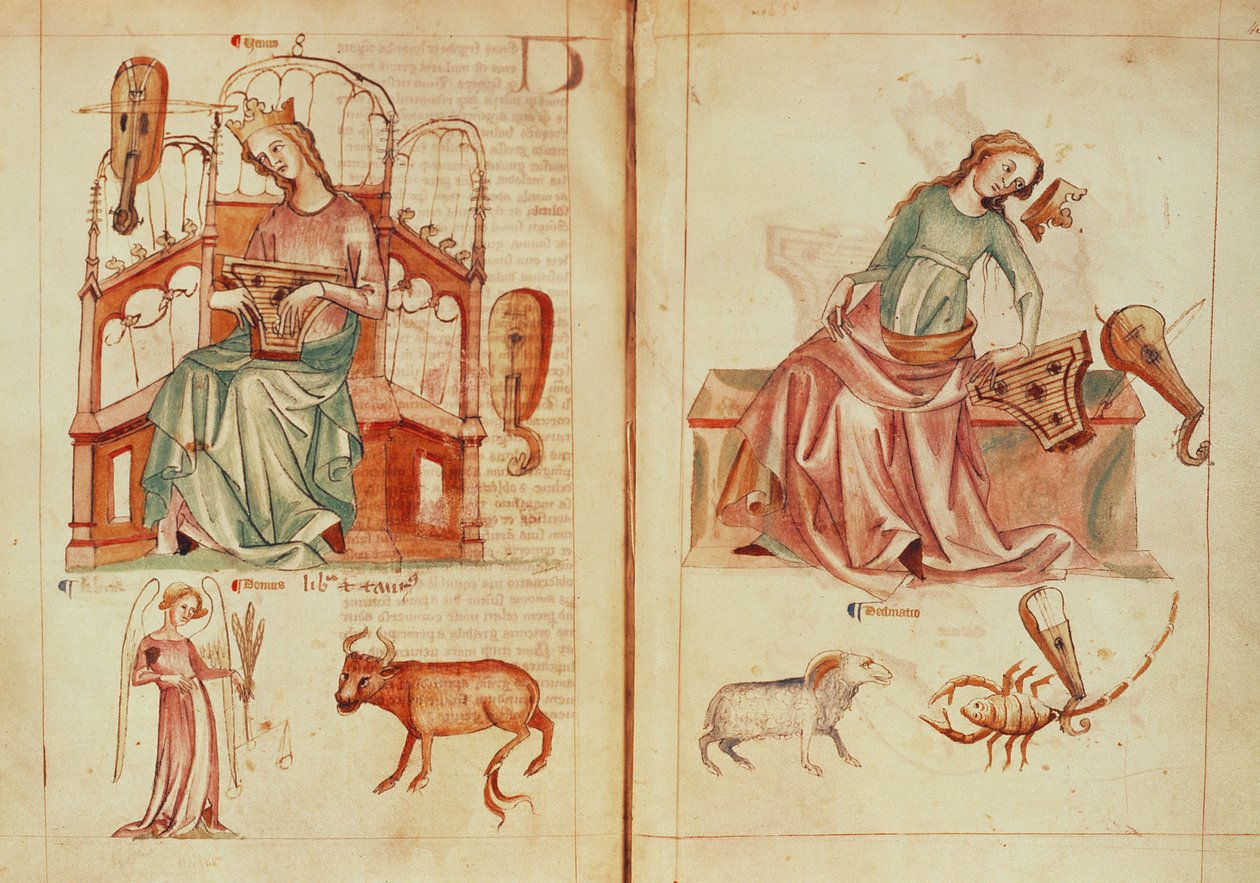 Sloane MS 3983 fol.42v-43 金星与她的主宰星座一起演奏乐器，并处于不利状态，选自 "Liber Astrologiae"（牛皮纸）。 作者 荷兰语学校