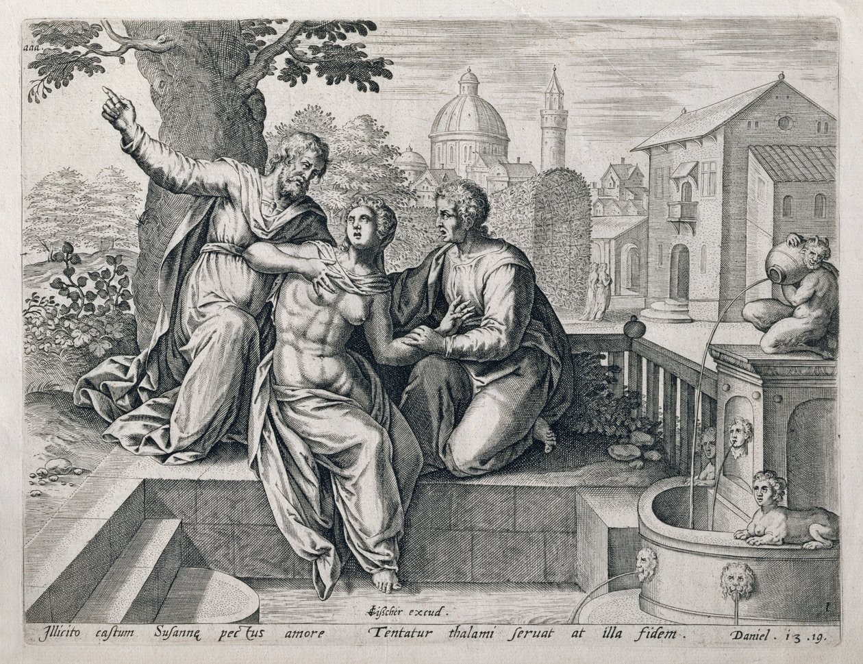 苏珊娜和长老，来自“圣经”中酒吧的场景系列。作者：Claes Jansz Visscher（c.1550-c.1612）c.1590 作者 荷兰语学校