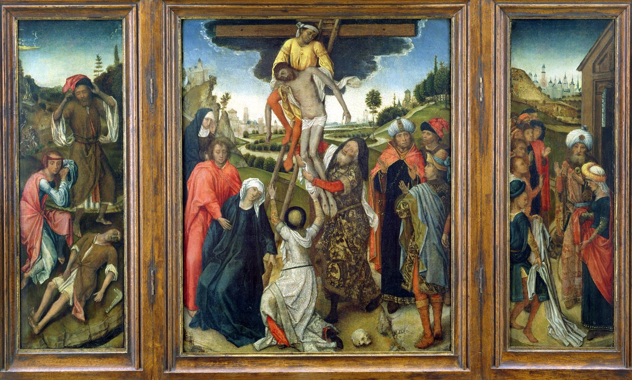 沉积，两侧是（L）Adam和Eve Mourning Abel和（R）Josephs Coat，显示给Jacob，三联画，1470（小组） 作者 荷兰语学校