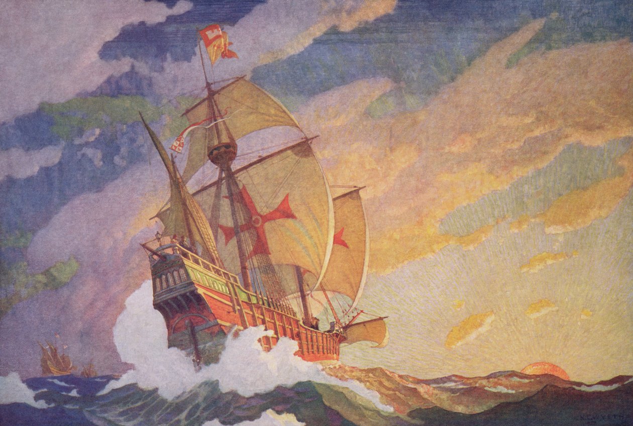 哥伦布穿越大西洋，1927年（印刷） 作者 纽维尔·康威斯