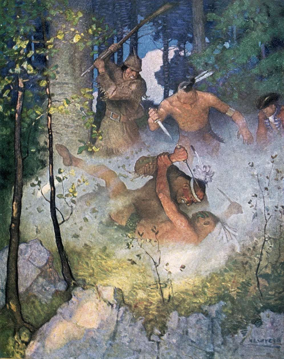 “森林中的斗争”，Fenimore Cooper（1789-1851）的“最后的莫希干人”插图，于1920年在纽约出版 作者 纽维尔·康威斯