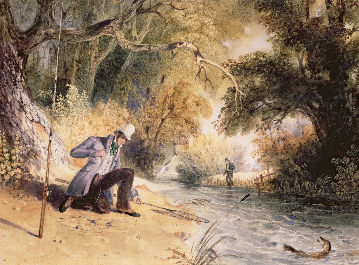 梭鱼捕鱼，登陆杰克，约1839年（纸上水彩）。 作者 牛顿菲尔德