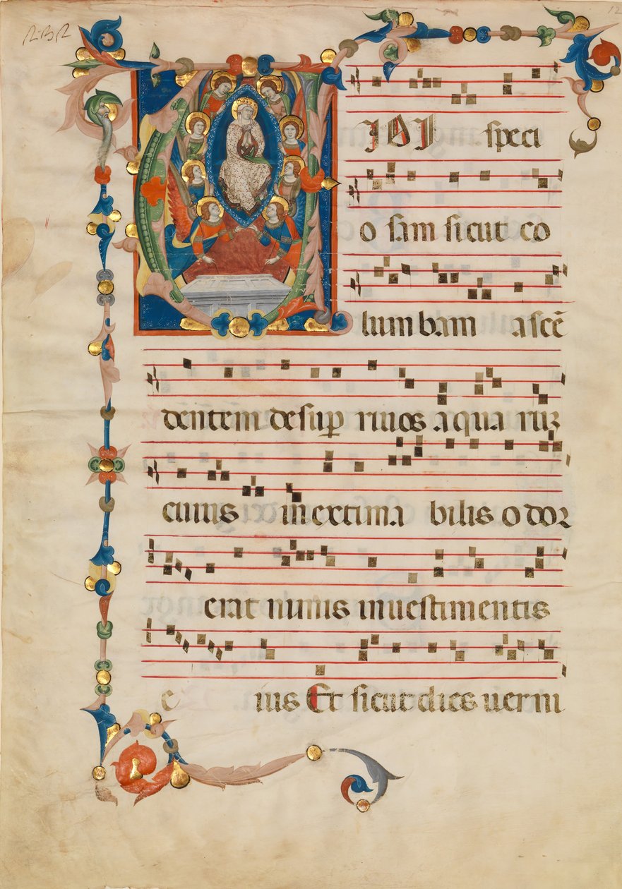 带有首字母V的圣母升天的手稿叶子，来自Antiphonary，约1340年。 作者 Niccolò di ser Sozzo