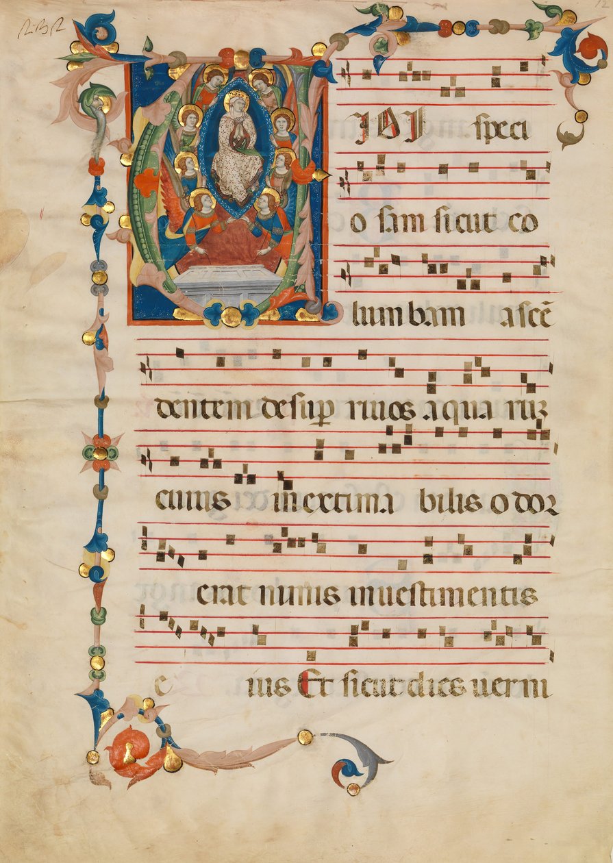 带有首字母V的圣母升天的手稿叶子，来自Antiphonary，约1340年。 作者 Niccolò di ser Sozzo