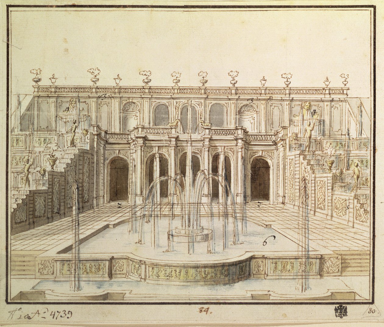 1720年彼得霍夫（Peterhof）较低的公园内的大瀑布（笔，画笔，墨水和厕所） 作者 尼科洛·米切蒂（Niccolo Michetti）