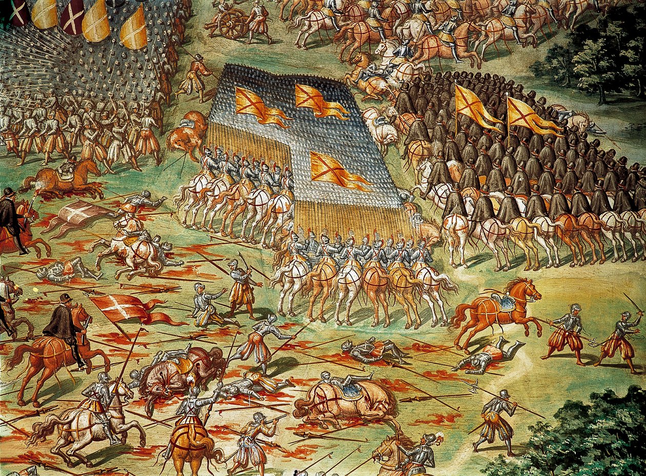 1557 年意大利战争期间，西班牙人战胜法国人的圣昆廷战役（Saint Quentin），详细介绍了骑兵攻击 作者 尼科洛（及工作坊）格拉内罗