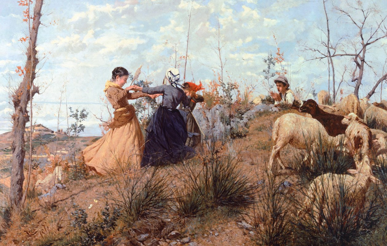 尼科洛-坎尼奇（Niccolo Cannicci，1846-1906 年）的《环形花环》（Ring-around-the-rosey）。 作者 尼可可罗坎尼奇