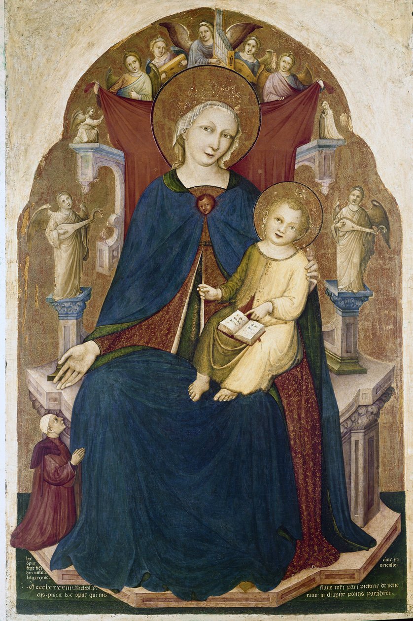 麦当娜（Madonna）在儿童（Child）和两个奉献者的手中登基。 Niccolo di Pietro Gerini绘画 作者 钢筋混凝土
