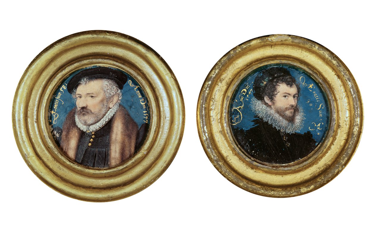 LtoR：Richard Hilliard（151819-94）艺术家父亲，1577年，以及自画像，1577年（wc放在卡片上的牛皮纸上） 作者 尼古拉斯·希利亚德