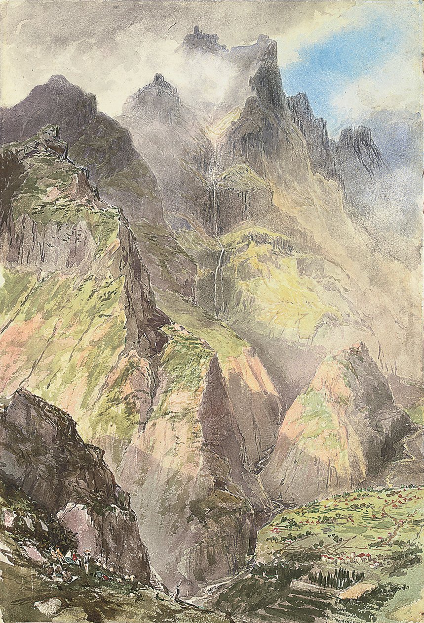 马德拉大库拉尔，前景是一队游客，远处是大皮科（纸面水彩画） 作者 尼古拉斯·谢瓦利埃（Nicholas Chevalier）
