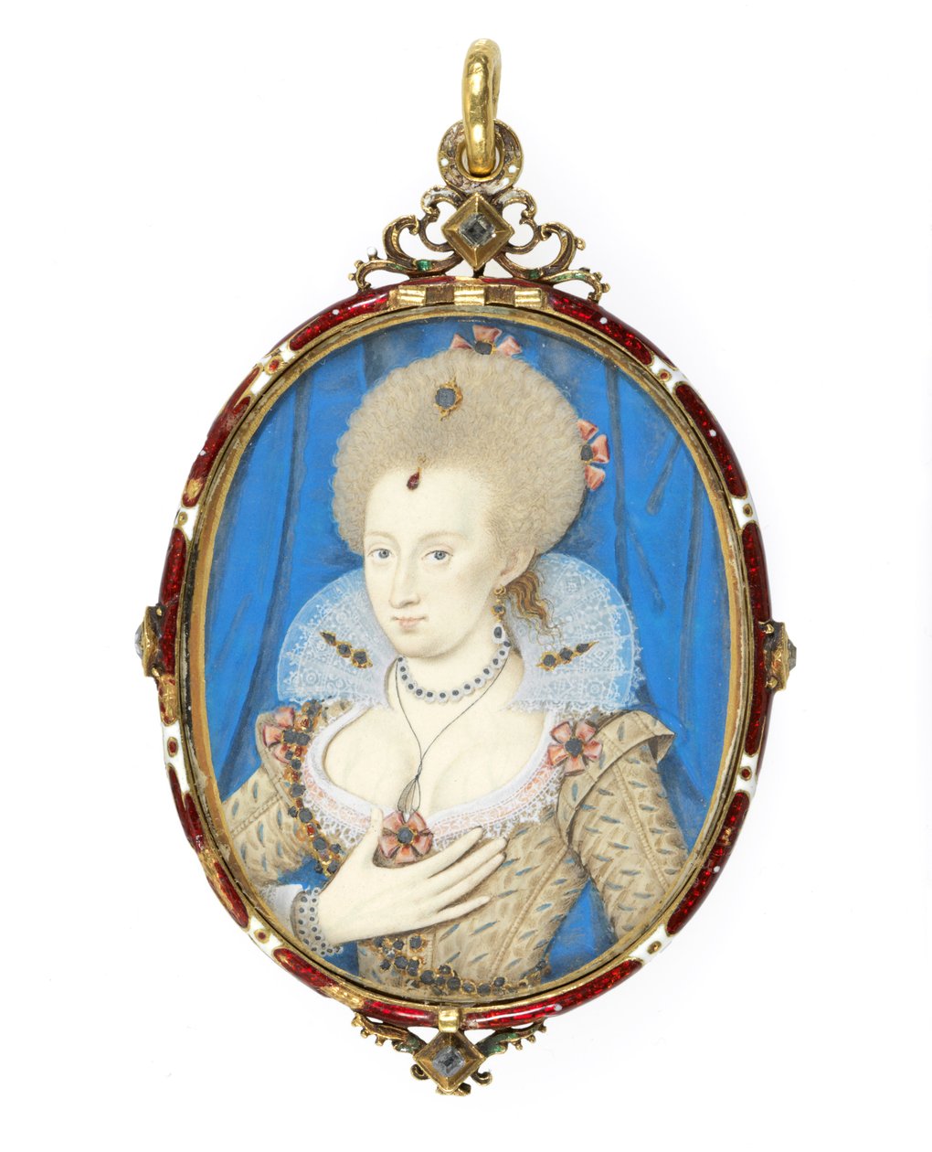 No.3855丹麦安妮（1574-1619）英格兰国王詹姆斯一世的妻子，c.1610（扑克牌上的牛皮纸）（案件见109671） 作者 尼古拉斯·希利亚德