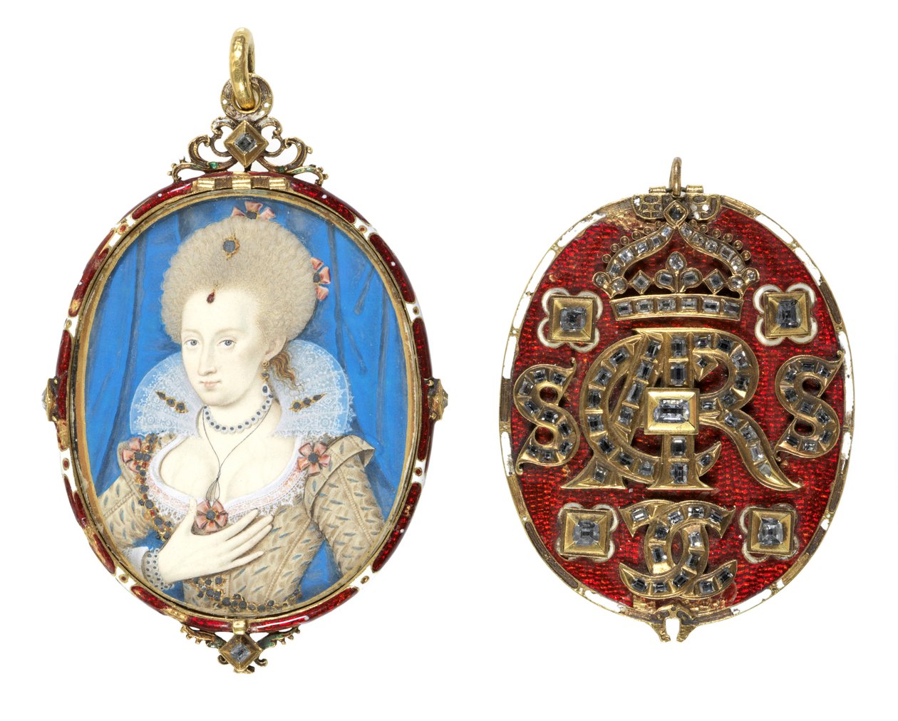 丹麦女王安妮（1574-1619）的肖像缩影，带宝石封面，c.1611（牛皮纸上的wc，镶有表钻的珐琅金框）（另见69710） 作者 尼古拉斯·希利亚德