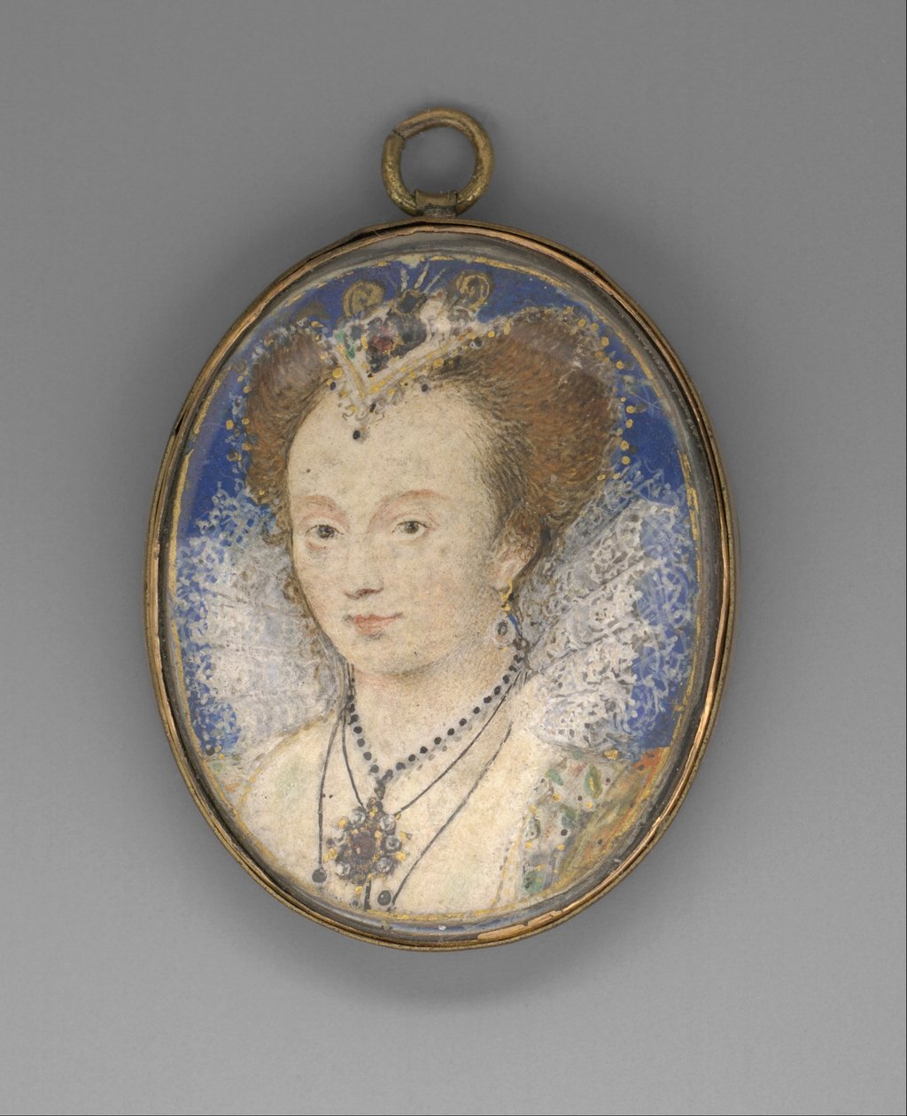 一个女人的肖像，c.1590（牛皮纸放在卡上） 作者 尼古拉斯·希利亚德
