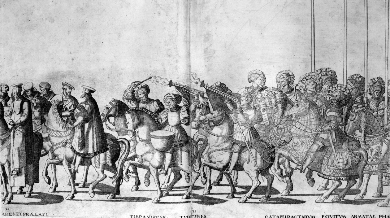 教皇克莱门特七世和皇帝查理五世于1530年2月24日进入博洛尼亚的第30和31号板块，于1530年出版 作者 尼古拉斯·霍根伯格