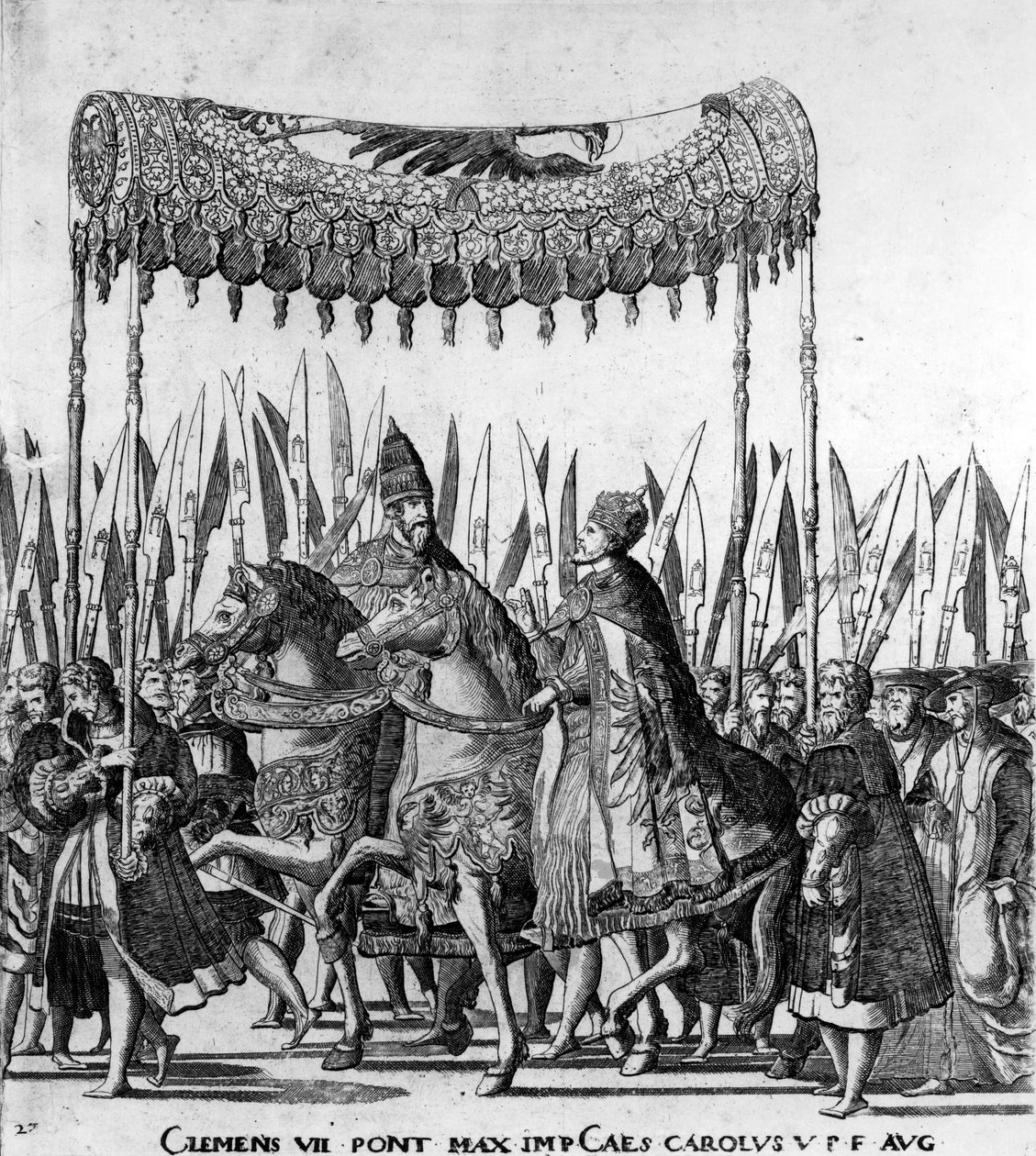 教皇克莱门特七世和皇帝查理五世于1530年2月24日进入博洛尼亚，第27页，第1530页（详情为472273） 作者 尼古拉斯·霍根伯格