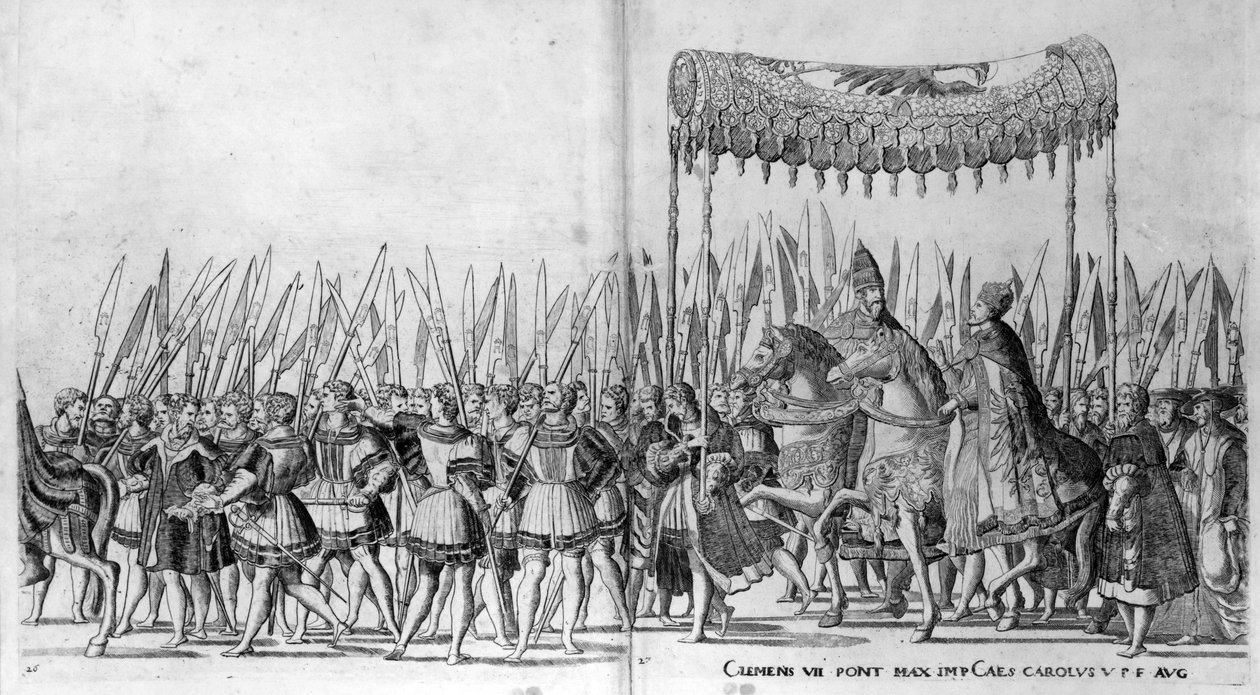 教皇克莱门特七世和皇帝查理五世于1530年2月24日进入博洛尼亚，第27页，第1530页 作者 尼古拉斯·霍根伯格