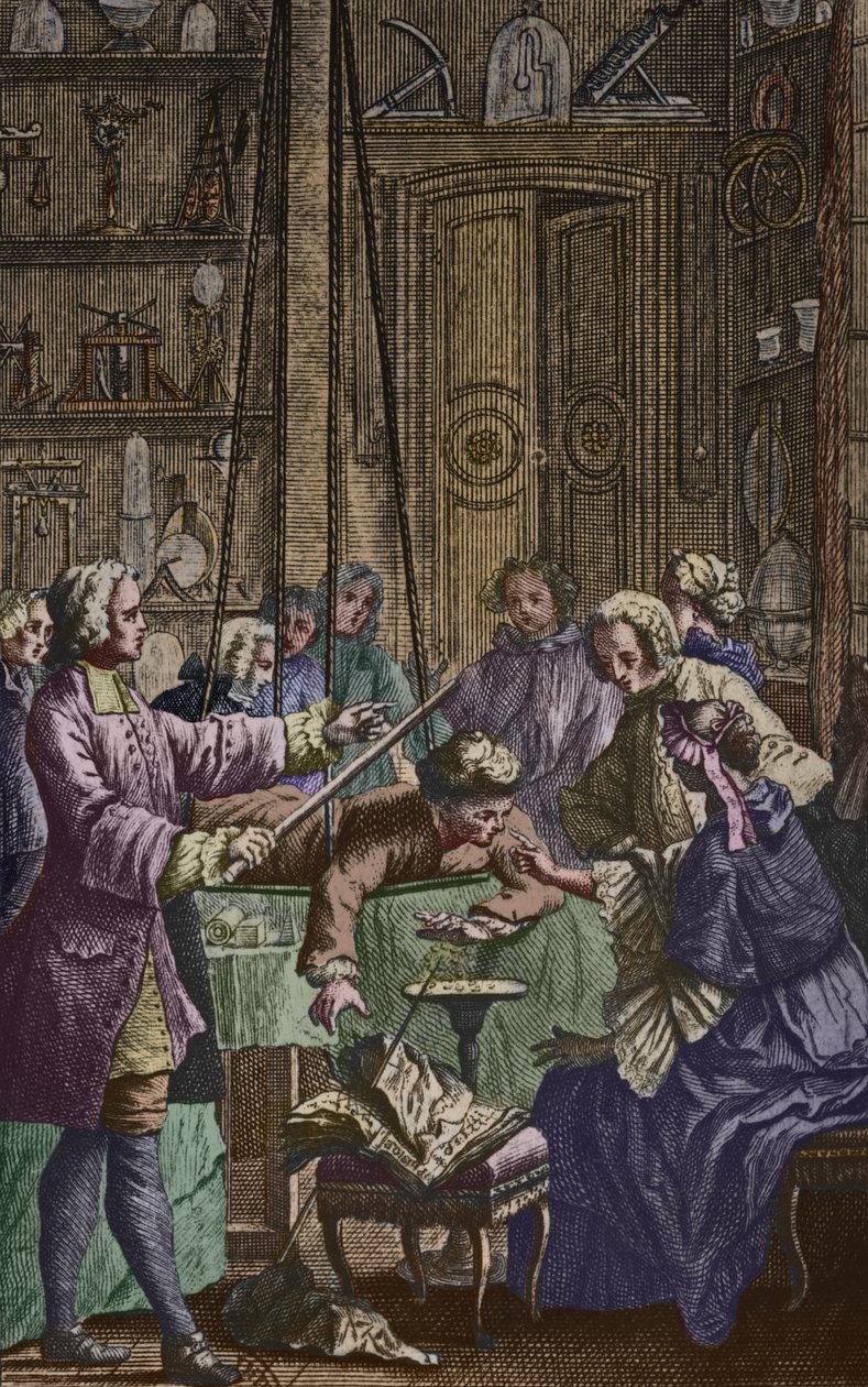由Abbe Jean Antoine Nollet（1700-70）在一名男子身上进行的电子实验，在一个物理学家的内阁中，来自Nollet的Essai sur lelectricite des corps的正面插图，出版于1746年，由 作者 尼古拉斯·莱索尔（Nicholas Lesueur）