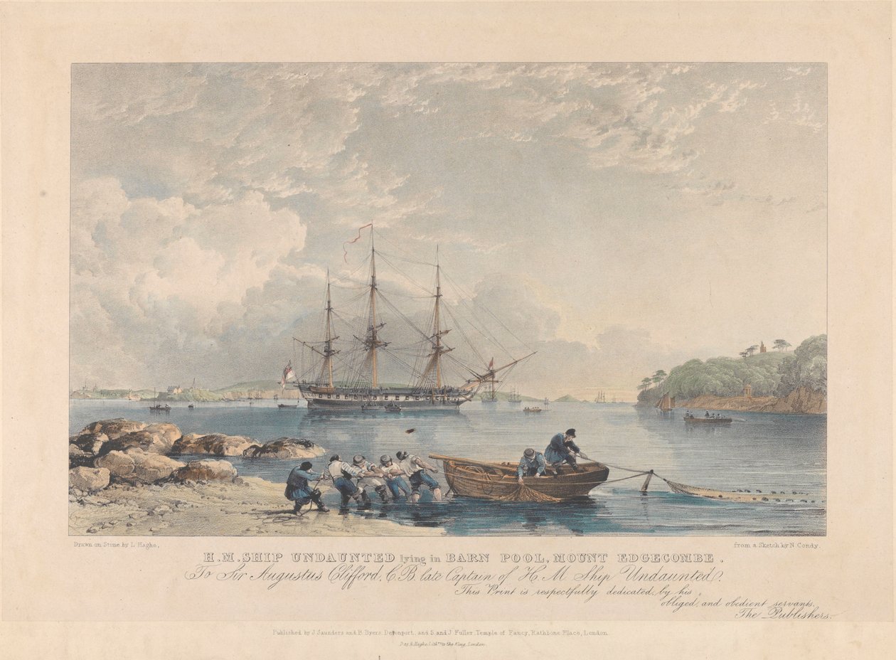 躺在埃奇科姆山谷仓池中的英国皇家海军 "不屈号"（1807 年）石版画，约 1797-1811 年（石版画，彩色） 作者 尼古拉斯·马修斯（继）康迪
