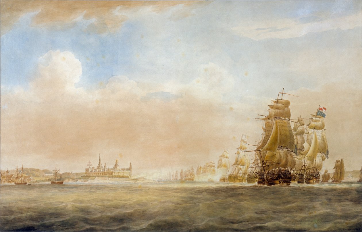 1801 年 3 月 28 日[哥本哈根战役前]，埃尔西诺尔克伦堡城堡外的英国舰队 作者 尼古拉斯·波科克（Nicholas Pocock）