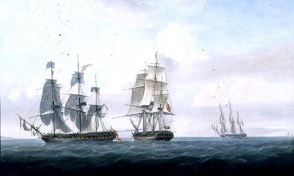 西班牙护卫舰 "La Fama "号超越 "Medusa "号，与H.M.S. "Lively "号交战并投降，约1806年（布面油画）。 作者 尼古拉斯·波科克（Nicholas Pocock）