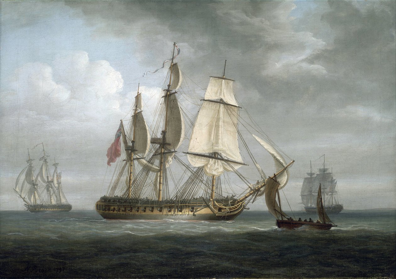 1796 年在英格兰德普福德建造的护卫舰 "Triton "号以及其他船只。布面油画 作者 尼古拉斯·波科克（Nicholas Pocock）