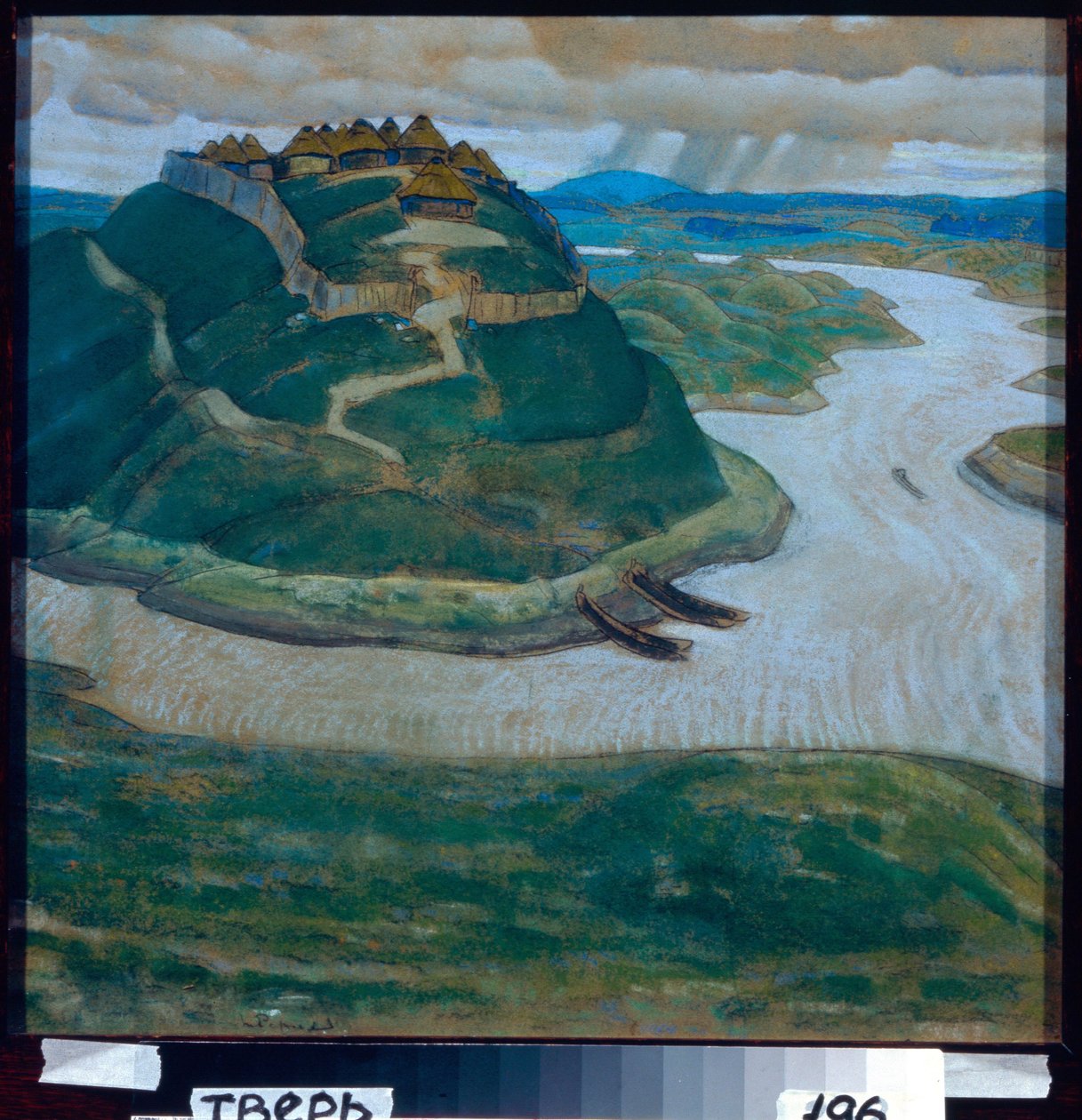 古代斯拉夫的强化营地。 尼古拉斯·罗里奇 (Nicolas Roerich, 1874-1947) 的作品，粉彩画在纸板上。 俄罗斯艺术，20世纪，象征主义。 地区美术馆，特维尔。 作者 尼古拉斯·罗里奇