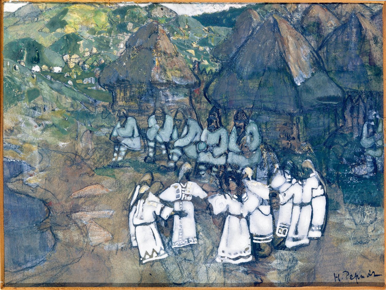 Cercle de danse（圆形）。尼古拉斯-罗里奇（1874-1947 年）的作品，纸上水彩和水粉画，1900-1910 年。俄罗斯艺术，20 世纪，象征主义；巴什科尔托斯坦共和国国家 M. 涅斯捷罗夫艺术博物馆，乌法（俄罗斯）。 作者 尼古拉斯·罗里奇