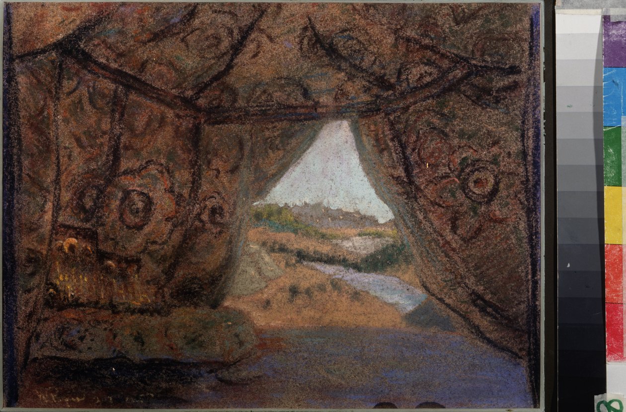 尼古拉斯（尼古拉）-里姆斯基-科萨科夫（Rimsky-Korsakov）（1844-1908 年）的歌剧《普斯科夫的少女》（La jeune fille de Pskovitaine）的准备装饰。Oeuvre de Nicholas Roerich (1874-1947)，纸盒上的粉彩画。 作者 尼古拉斯·罗里奇