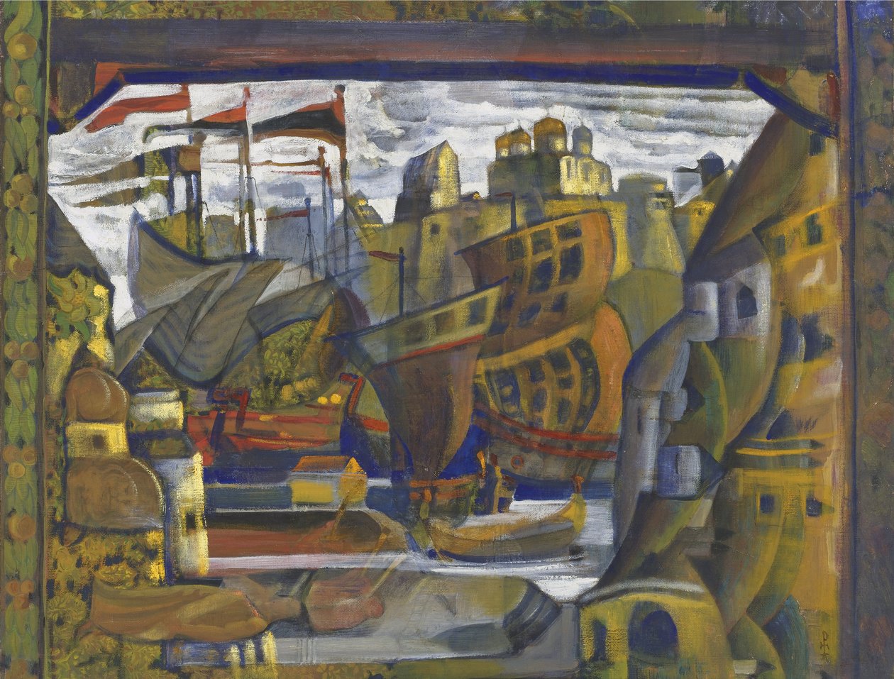 Le Marche de Novgorod - 诺夫哥罗德市场。 N. Rimsky-Korsakov, Roerich, Nicholas (1874-1947) 为歌剧 Sadko 设计舞台。 画布上的蛋彩画 作者 尼古拉斯·罗里奇