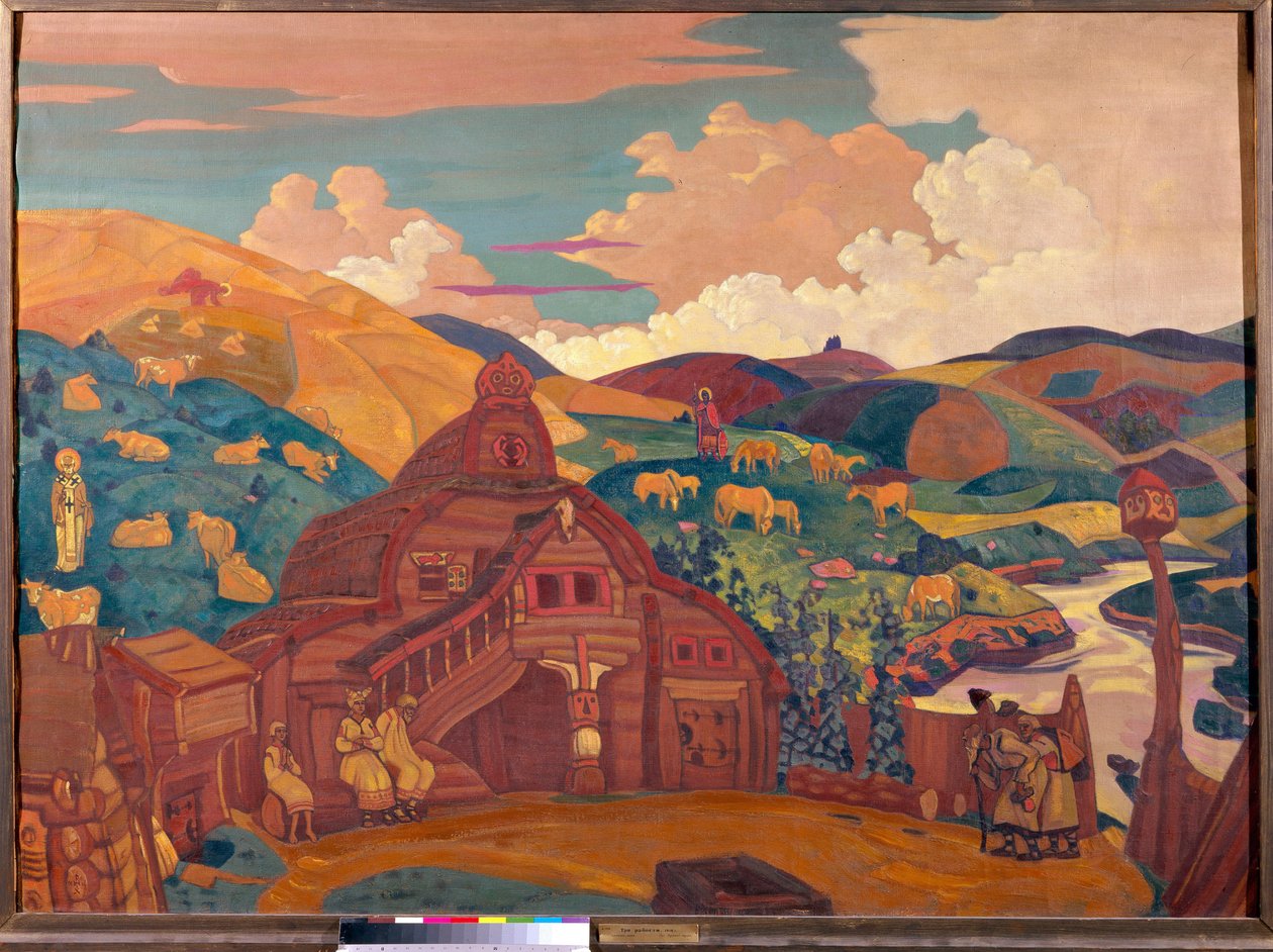 三件喜事尼古拉（尼古拉斯）-罗里奇（1874-1947 年）的画作，帆布钢笔画 作者 尼古拉斯·罗里奇