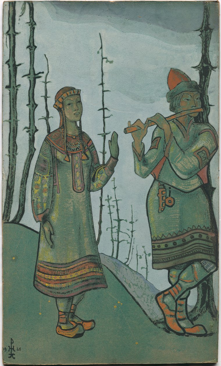 Snegurochka和Lel，Rimsky-Korsakov歌剧“ Snegurochka”的服装设计，1921年 作者 尼古拉斯·罗里奇