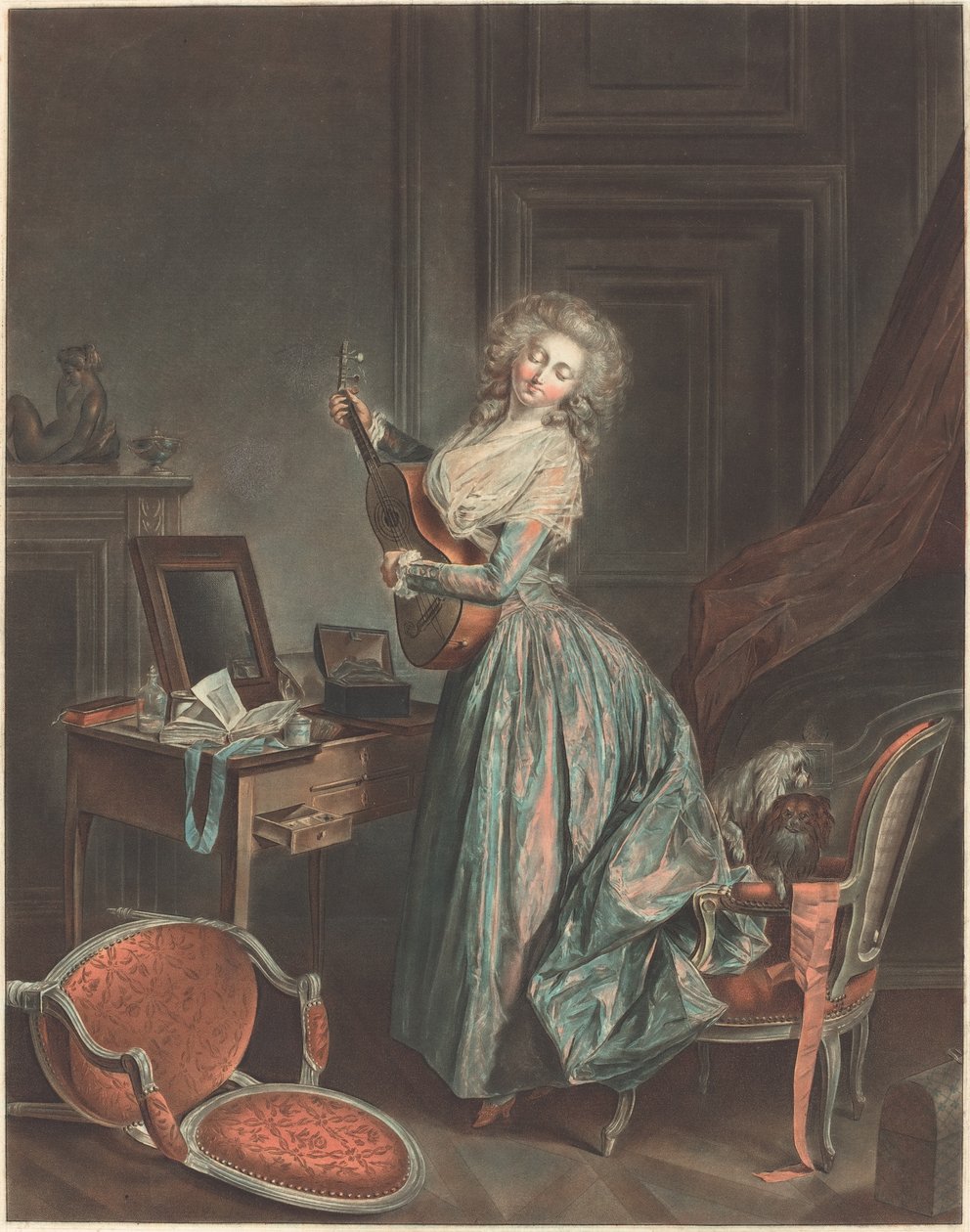 一个女人弹吉他，1788-9，由Jean-FrançoisJaninet雕刻（蚀刻和洗涤方式印刷彩色墨水） 作者 尼古拉二世·拉弗伦森