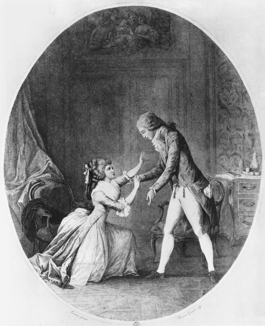 Valmont勾引Tourvel夫人，Pierre Choderlos de Laclos（1741-1803）的《Les Liaisons Dangereuses》插图，Romain Girard（约1751年生）1782年刻的（雕刻）（黑白照片）。 作者 尼古拉二世（后）拉弗伦森