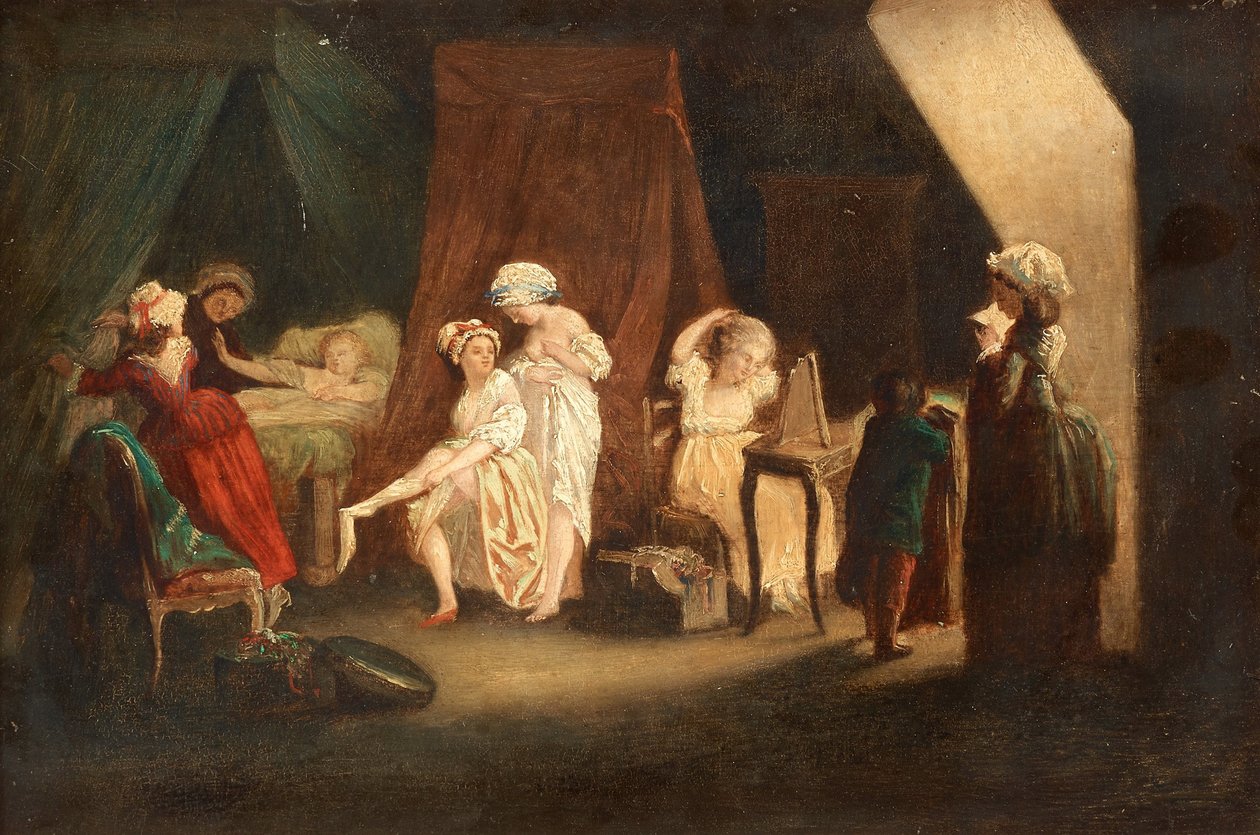 Le Lever des Ouvrieres en mode，作者 Lafrensen, Niklas（Nicolas Lavreince 或 Lavrince）（1737-1807 年）。 木头油画，尺寸：27x39，私人收藏 作者 尼古拉二世·拉弗伦森