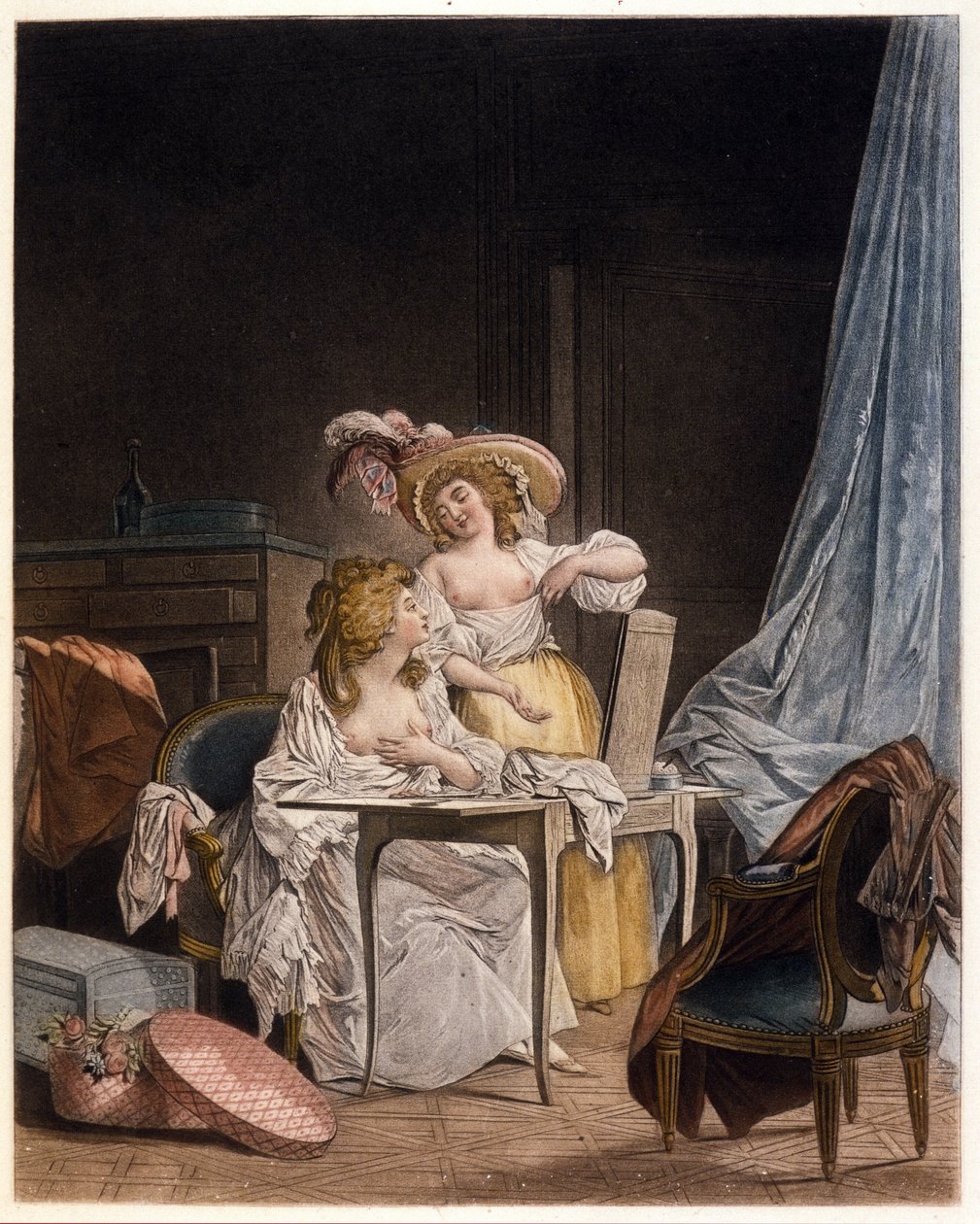 比较。 两个女人比较胸围。 Nicolas Lavreince (1737-1807) 的版画，大约 1782 年。 作者 尼古拉二世·拉弗伦森