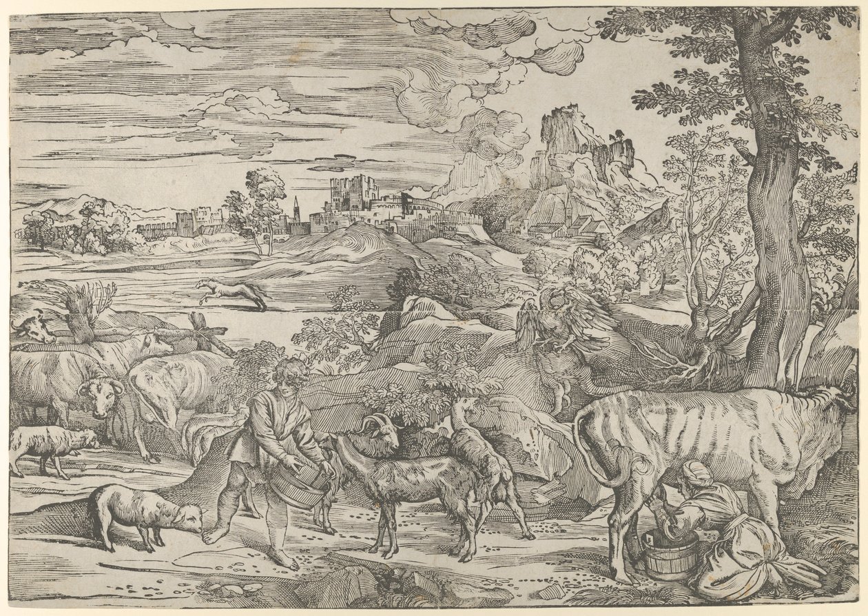 风景画，右边是一个挤奶女工，左边是一个男孩，约1535-40., 约1535-40. 作者 尼科洛·博德里尼（NicolòBoldrini）