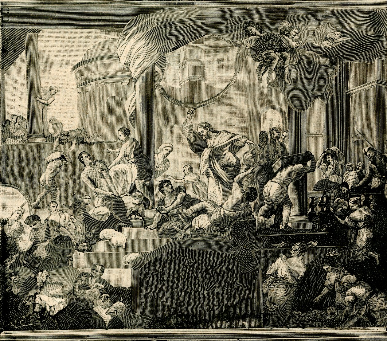 耶稣驱赶商人离开圣殿，布面油画，尼古拉·马林科尼科 (Nicola Malinconico，1663-1721)，圣阿加塔大教堂，加里波利，普利亚，意大利 作者 尼古拉·马林科尼科（Nicola Malinconico）