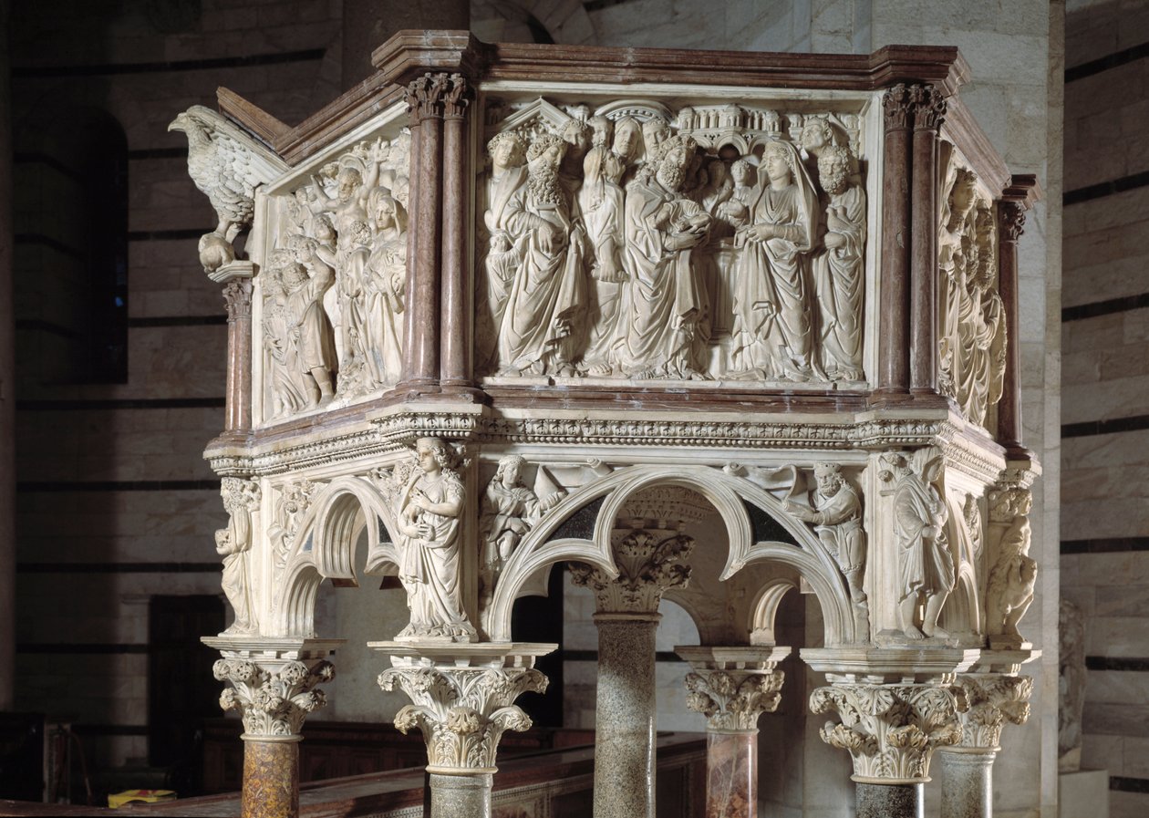 椅子由 Nicola Pisano (1215 / 20-1278 / 84) (大理石讲坛) 1260 Baptistere Saint John of Pisa (Battistero San Giovanni di Pisa) 设计，意大利 作者 尼古拉·皮萨诺（Nicola Pisano）