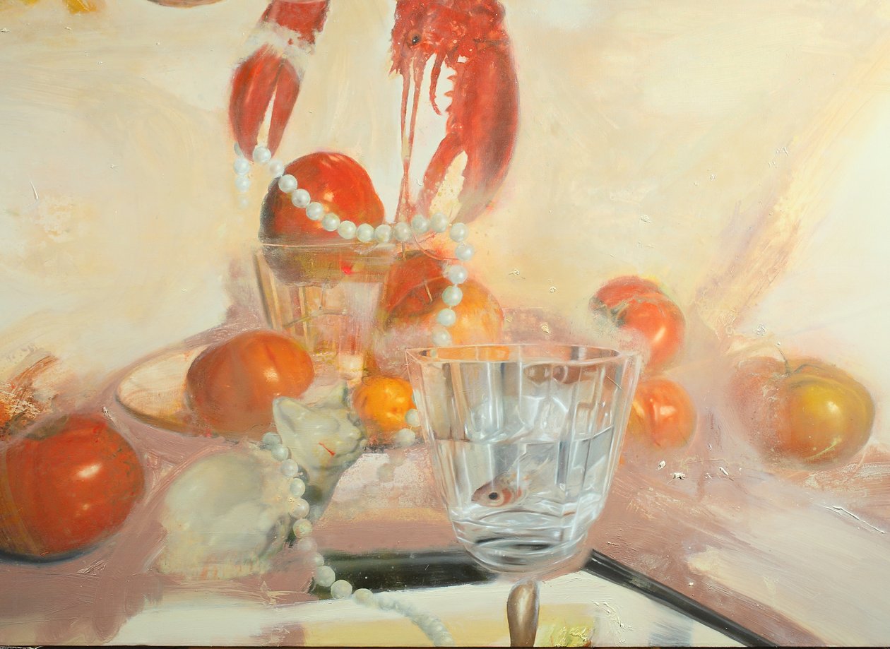 有鱼的猫，2011 年（布面油画） 作者 尼古拉·普奇