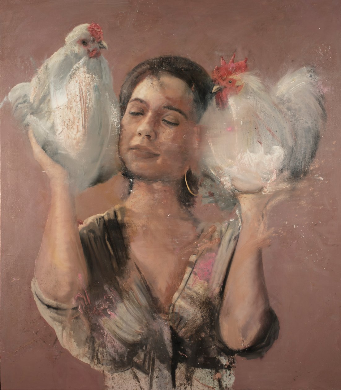与公鸡在一起的女孩，2018（布面油画） 作者 尼古拉·普奇