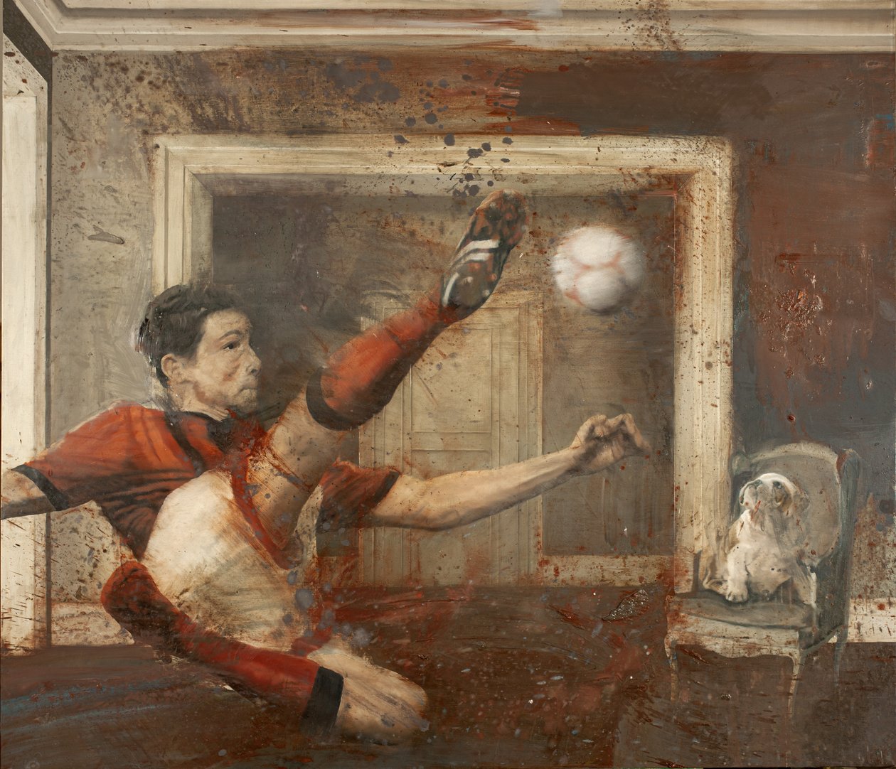 与狗倒置，2015（布面油画） 作者 尼古拉·普奇