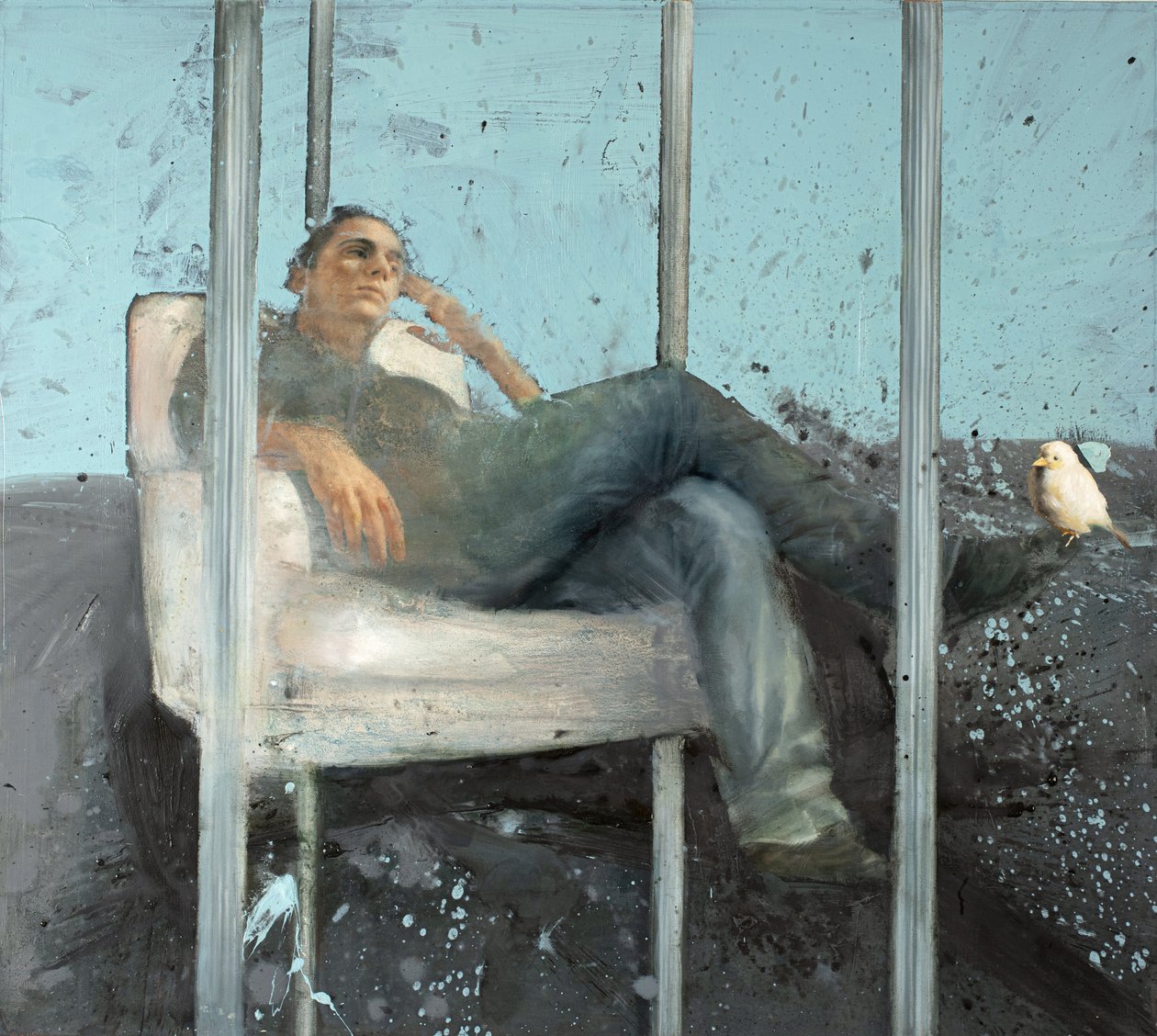 与麻雀的冥想，2023 年（布面油画） 作者 尼古拉·普奇