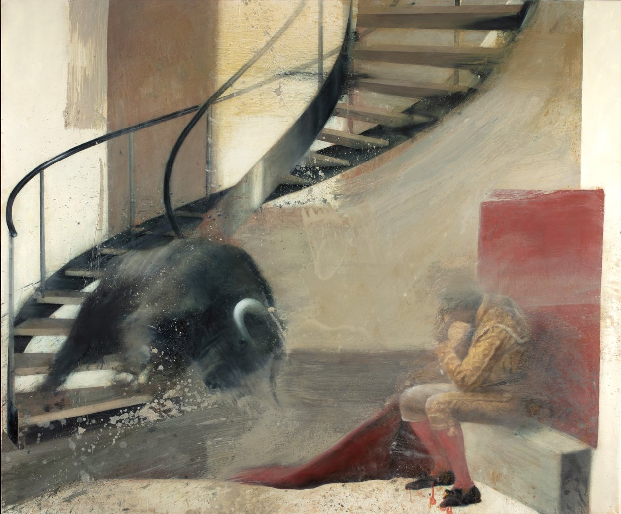 楼梯上的公牛与斗牛士 I，2013 年（布面油画） 作者 尼古拉·普奇