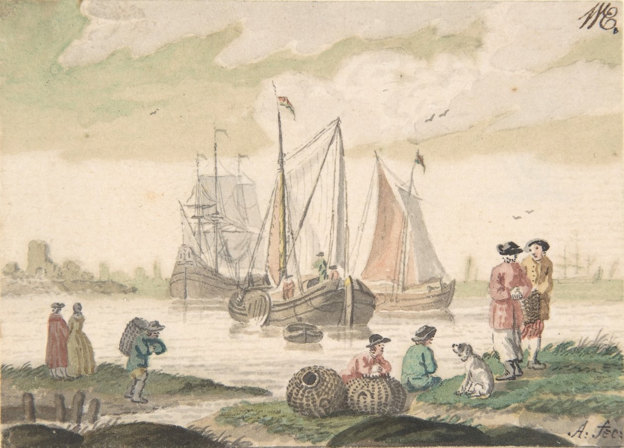 有七个人物和一只狗的海景画，1733-93。 作者 尼古拉斯·阿尔特曼