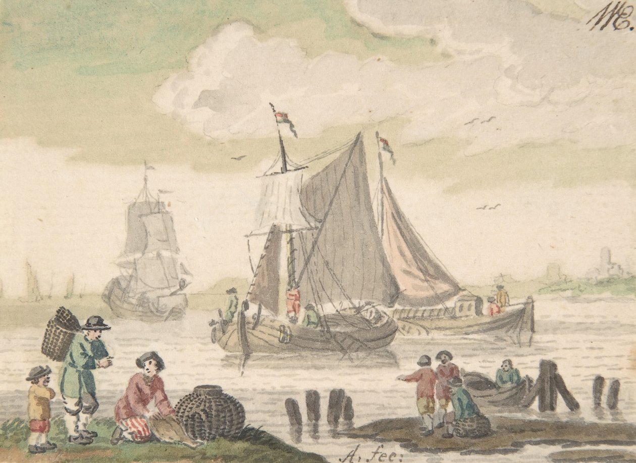 前面有六个人物的海景画，1733-93。 作者 尼古拉斯·阿尔特曼