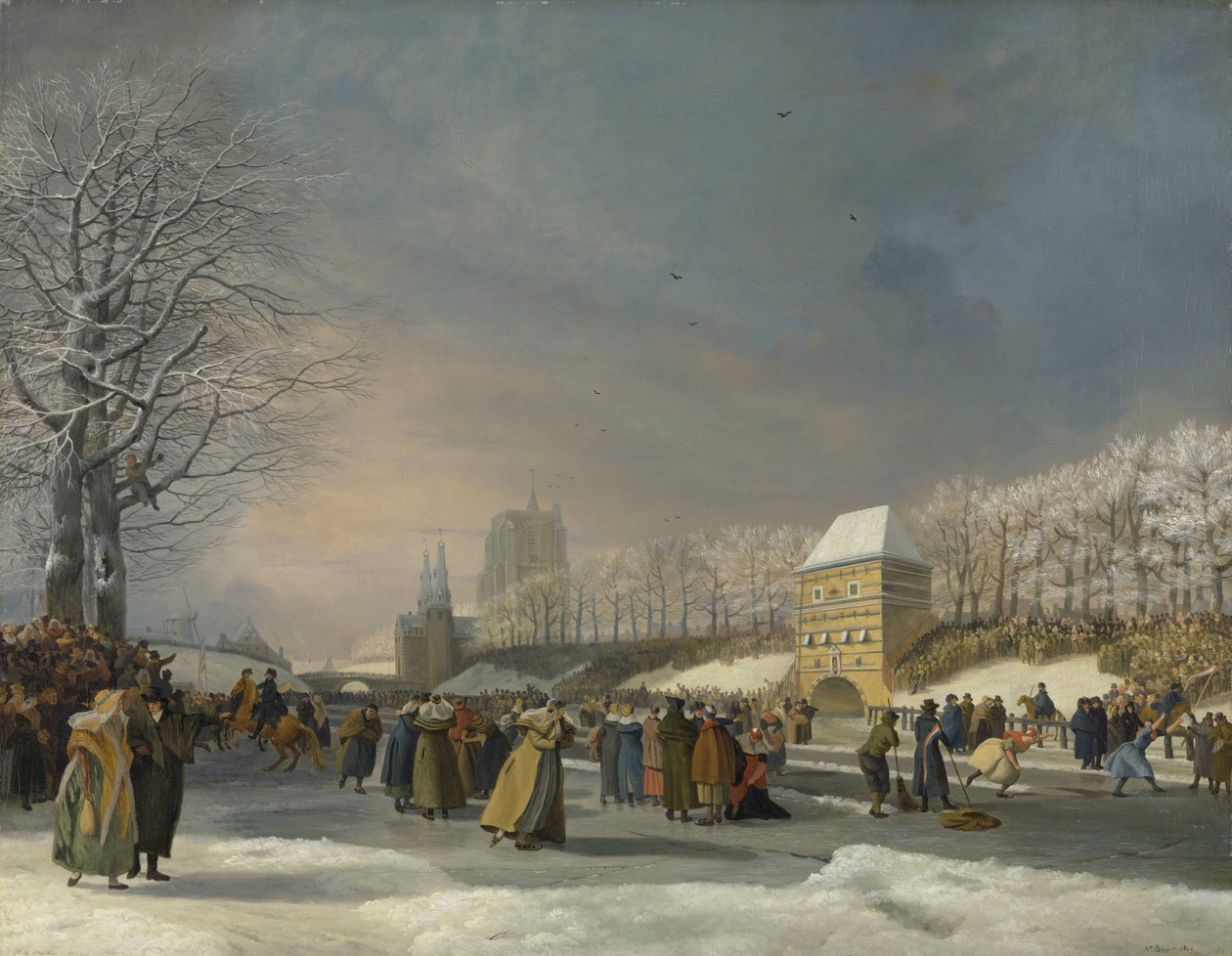 1809 年 1 月 21 日，吕伐登 Stadsgracht 举行女子滑冰比赛 1809 年 1 月 21 日在吕伐登 Stadsgracht 举行的滑冰比赛 作者 尼古拉斯·鲍尔（艺术家签名）