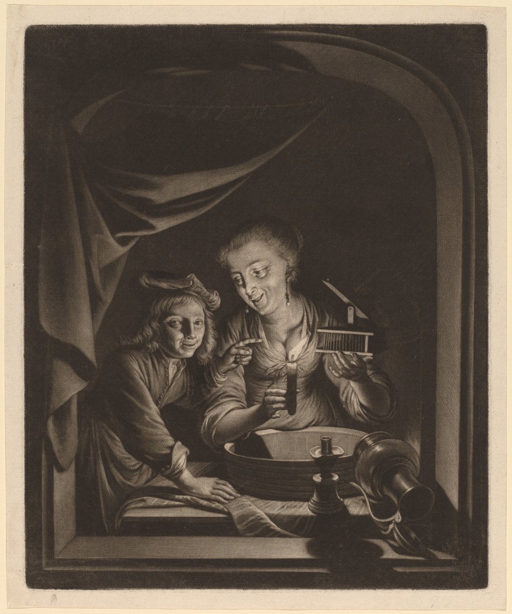 带捕鼠器的女佣 作者 Gerrit Dou 之后的 Nicolaas Verkolje
