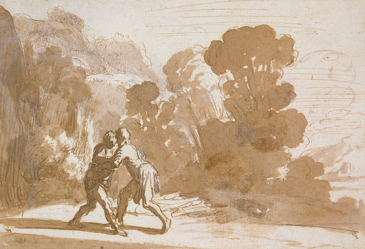 No.3192雅各布摔跤与天使，c.1605-10（笔和墨水洗） 作者 尼古拉斯·科尼利斯·莫亚特