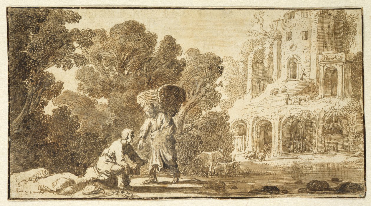 托比亚斯和天使，1625年（钢笔墨水在纸上） 作者 尼古拉斯·科尼利斯（Nicolaes Cornelisz）c.1592 1655年