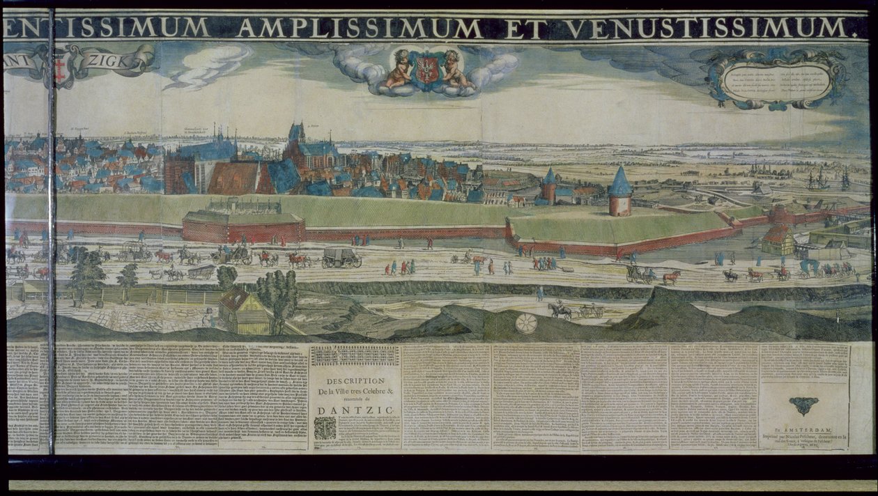 从Biskupia Gorka，1643年格但斯克的全景（用帆布加固的纸上的彩色蚀刻） 作者 尼古拉斯·詹斯·维舍